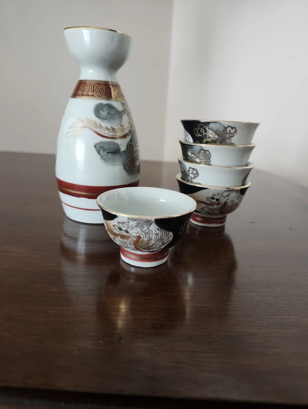 Vintage Japanese Kutani Dragon Sake Set with Gold Accents - White, Black, Red